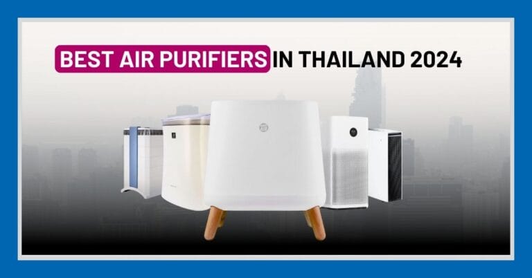 a selection of thailands best air purifiers on red background