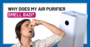 a guy holding his nose to protect him from air purifier smell