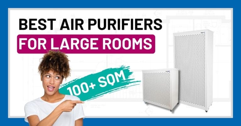 a graphic showing a woman pointing to big room air purifiers