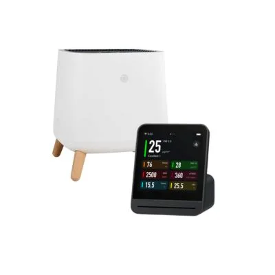 sqair air purifier and qingping pro air monitor on white background