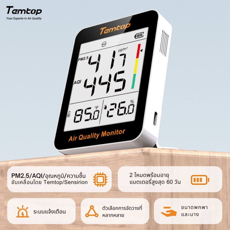 Temtop S1 - เครื่องวัดคุณภาพอากาศภายในอาคาร (PM2.5, AQI, ความชื้น, อุณหภูมิ) - Image 2