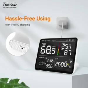 Temtop M100 with USB Type-C charger for quick setup, shown in a clean modern environment for effortless daily air monitoring.