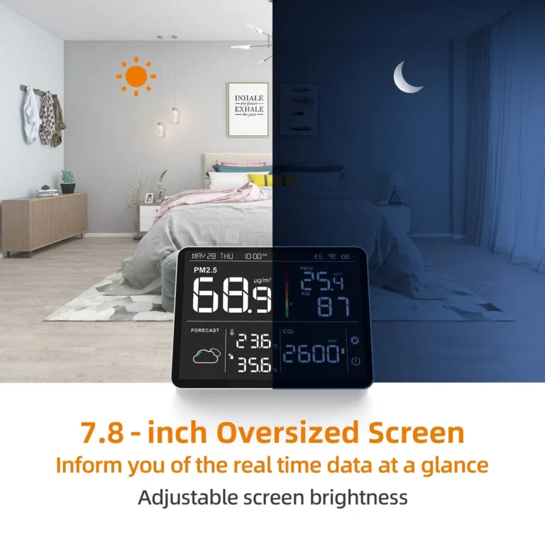 Temtop M100 monitor on a nightstand showing its large 7.8-inch screen and versatile indoor use in day and night settings.