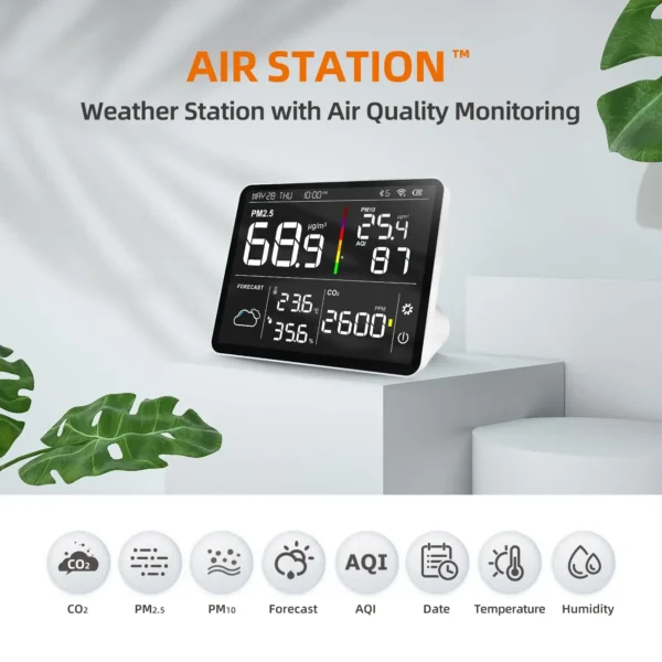 Temtop M100 acting as a home air station, monitoring PM2.5, PM10, CO₂, temperature, and humidity with real-time readouts.