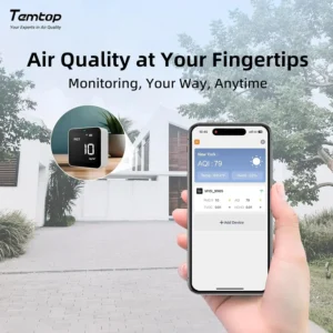 Temtop M10i wireless air quality monitor with digital PM2.5 reading on front screen