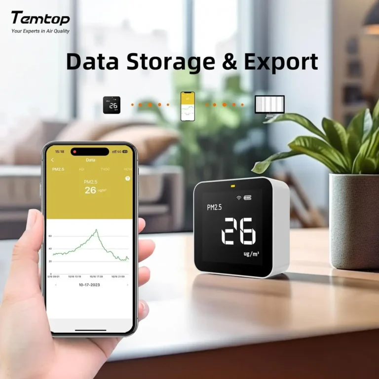 Temtop M10i syncing with mobile app to display real-time air quality data remotely