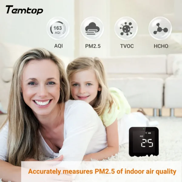 Temtop M10i monitor with smartphone interface showing data storage and export features