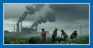 พื้นหลังเป็นโรงงานที่กำลังปล่อยควัน ด้านหน้าเป็นเหล่าผู้คนที่กำล้งใช้ชีวิต ทำงาน ทำการเกษตรอย่างเศร้าหมอง