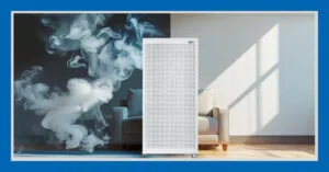 A visually striking image showing cigarette smoke in a living room or enclosed space—one half hazy, the other half clean and clear, with an air purifier in the middle