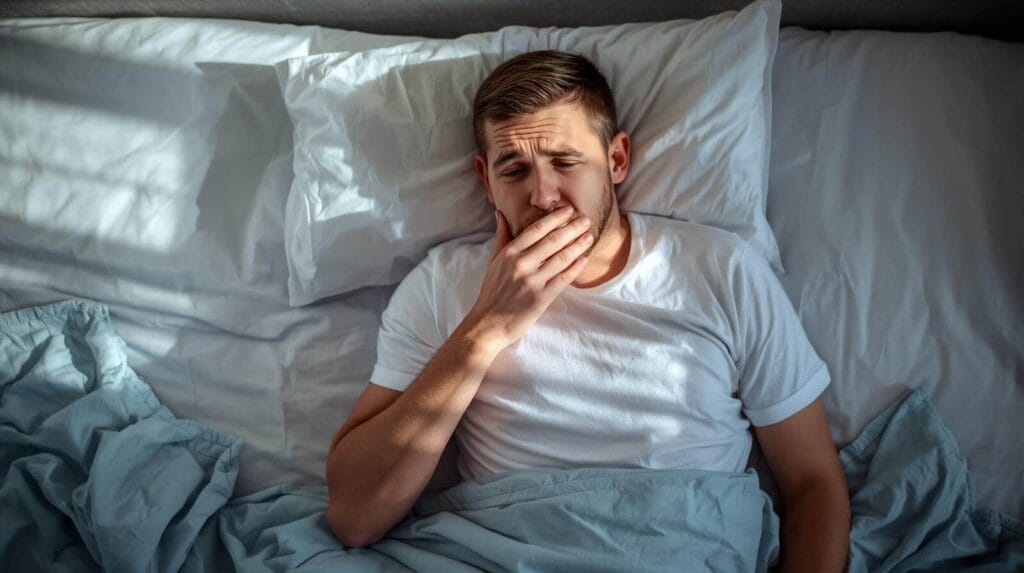 ผู้ชายกำลังไอนอนอยู่บนเตียง