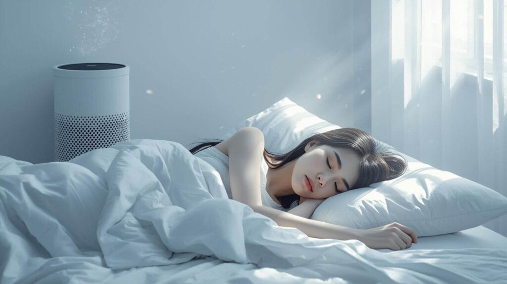 ผู้หญิงนอนหลับสบายอยู่บนเตียง-มีเครื่องฟอกอากาศตั้งอยู่ข้างเตียง