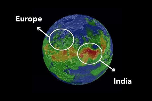 global air pollution map displaying good air quality in europe and bad air quality in india