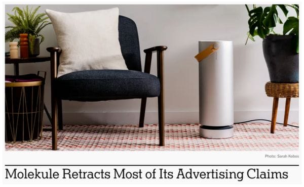 headline of the new york times announcing that molekule air purifier retracts ad claims