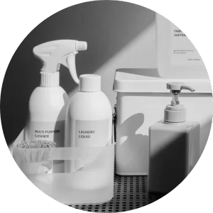 a selection of cleaning materials in a bathroom