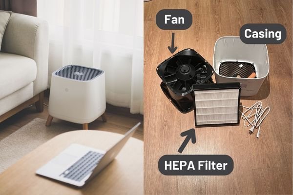 the sqair air purifier next to disassembled version on a wooden floor
