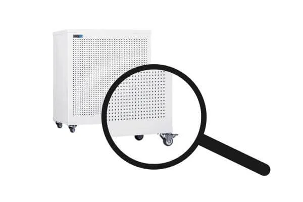 a magnifyer highlighting an air purifier's lockable wheels