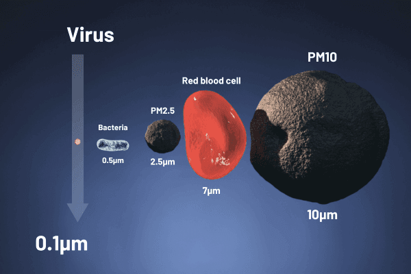 a graphic of the different size of airborne pollutants such as PM2.5, virus, bacteria, red blood cell and PM10