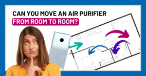 a woman next to a floor plan wondering if she place an air purifier in multiple rooms