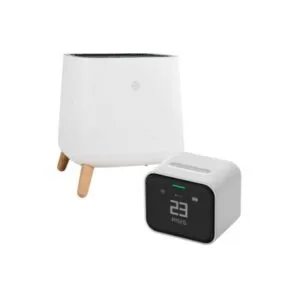 sqair air purifier and qingping lite air monitor on white background