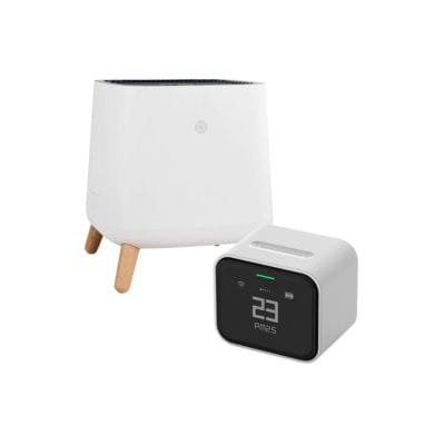 sqair air purifier and qingping lite air monitor on white background