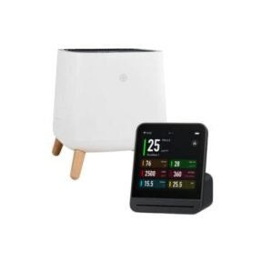 sqair air purifier and qingping pro air monitor on white background