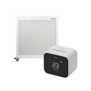 Blast Mini and Qingping Lite air monitor on white background
