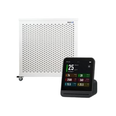 blast mini air purifier and qingping pro sensor on white background