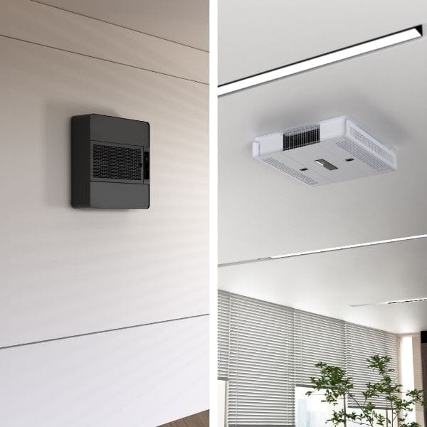 STRATO air purifiers mounted to a wall and a ceiling