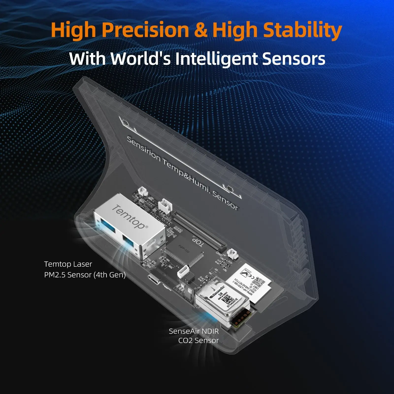 Temtop M100 internal sensors showcasing high-precision components and intelligent design for reliable air quality monitoring.