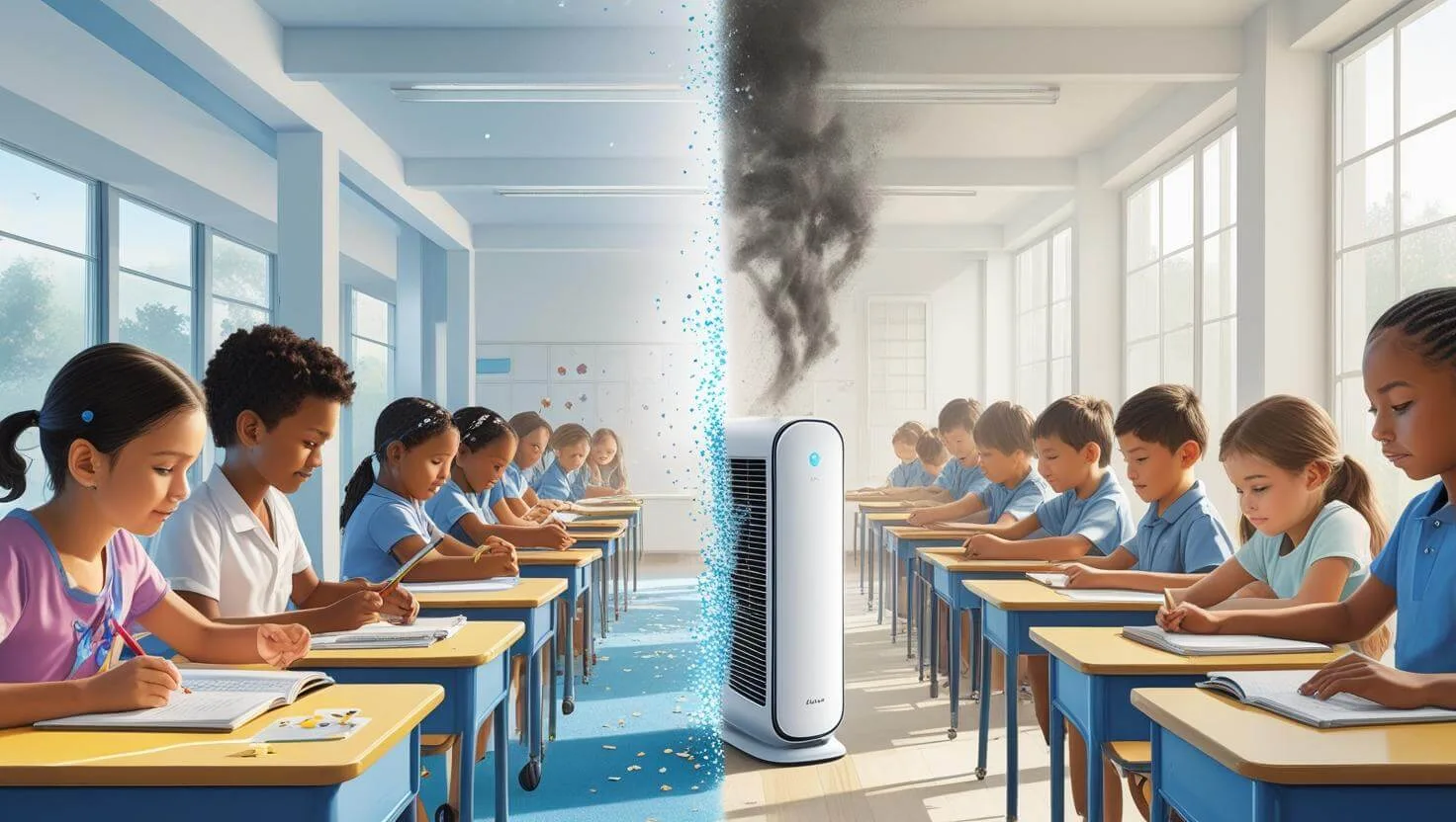 an image that describe how important of having an air purifier in classroom