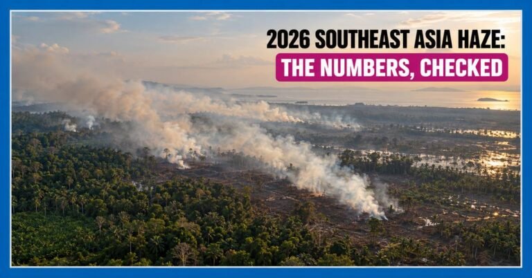 Aerial view of smoke drifting from peatland fires across Indonesian forest towards the sea