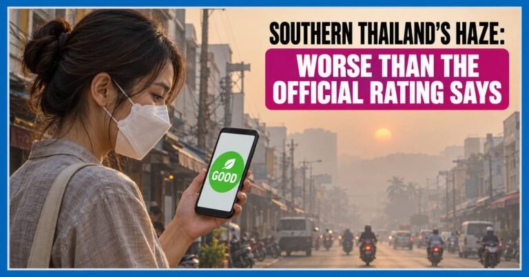 Woman in a face mask in a hazy southern Thai street checks her phone, which rates the air GOOD