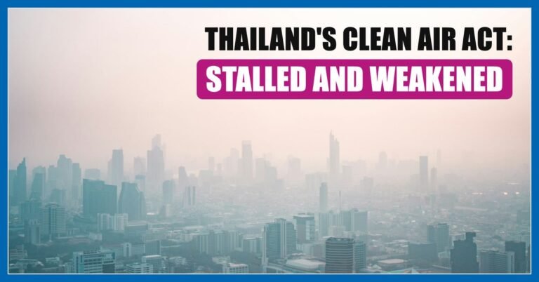 Bangkok skyline in smog with the headline Thailand's Clean Air Act: stalled and weakened